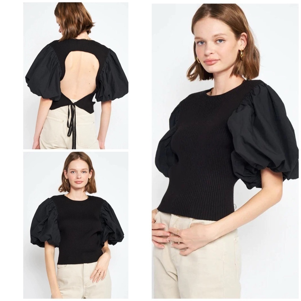 EUC En Saison Maxime Black Puff Sleeves Ribbed Knit Backless Tied Knit Blouse S
